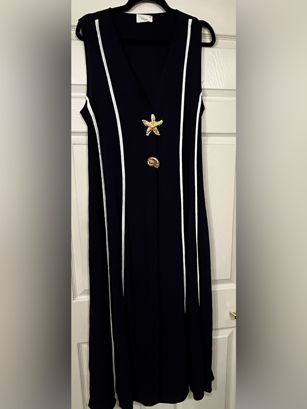 Navy V-Neck Maxi Dress with White Stripe Accents - Picture 4 of 6